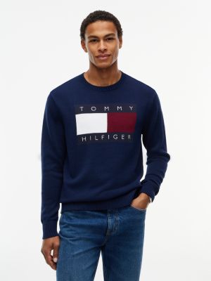 Intarsia Flag Logo Crewneck Sweater, Carbon Navy