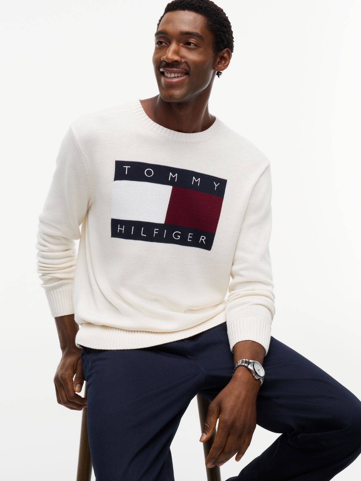 Intarsia Flag Logo Crewneck Sweater — Ivory Petal