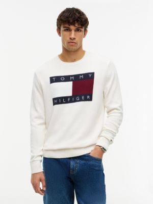 Intarsia Flag Logo Crewneck Sweater, Ivory Petal
