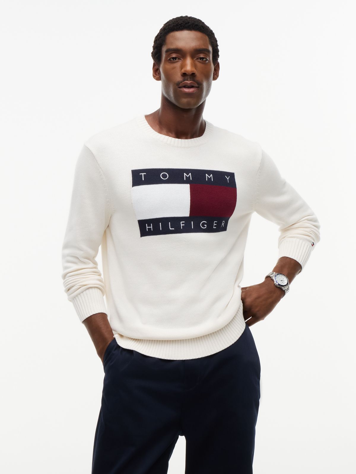 Intarsia Flag Logo Crewneck Sweater — Ivory Petal