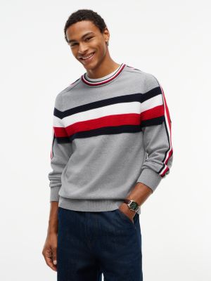 Мужской свитер Tommy Hilfiger TH Performance Signature Stripe Crewneck, цвет: Средний серый меланжевый — фото 1
