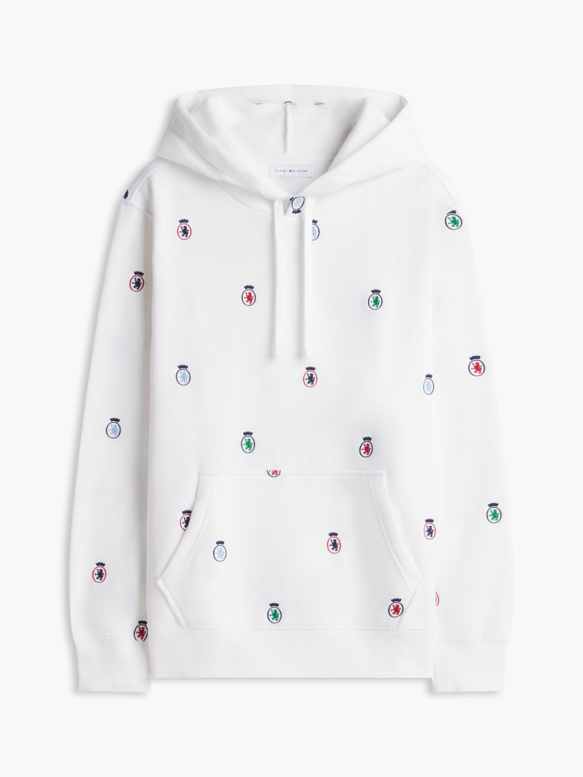 Allover Embroidered Crest Hoodie — Ecru