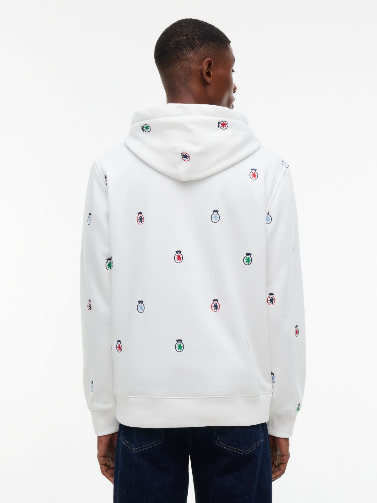 Allover Embroidered Crest Hoodie — Ecru