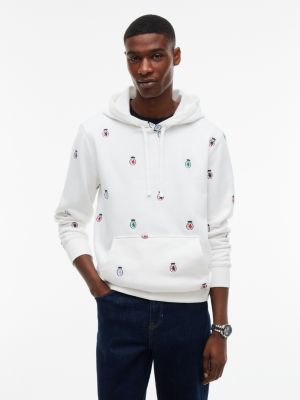 Allover Embroidered Crest Hoodie, Ecru