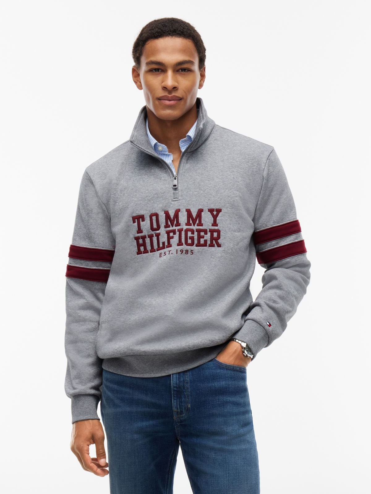 Varsity Stripe Quarter-Zip Sweatshirt — Grey