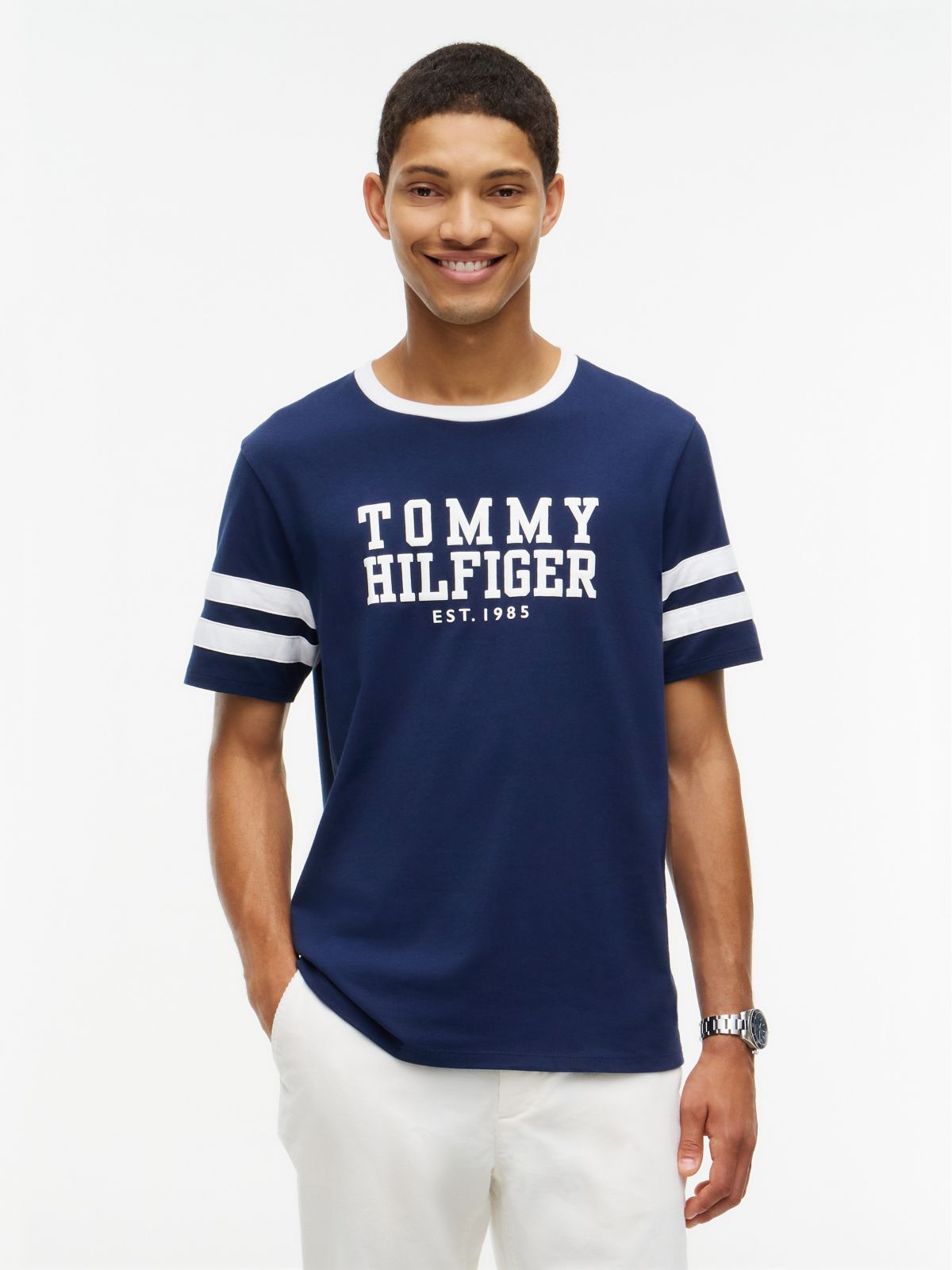 Varsity Logo Stripe T-Shirt — Carbon Navy