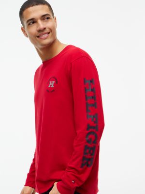Мужская футболка Tommy Hilfiger Long-Sleeve Hilfiger Logo, цвет: Средний красный — фото 3