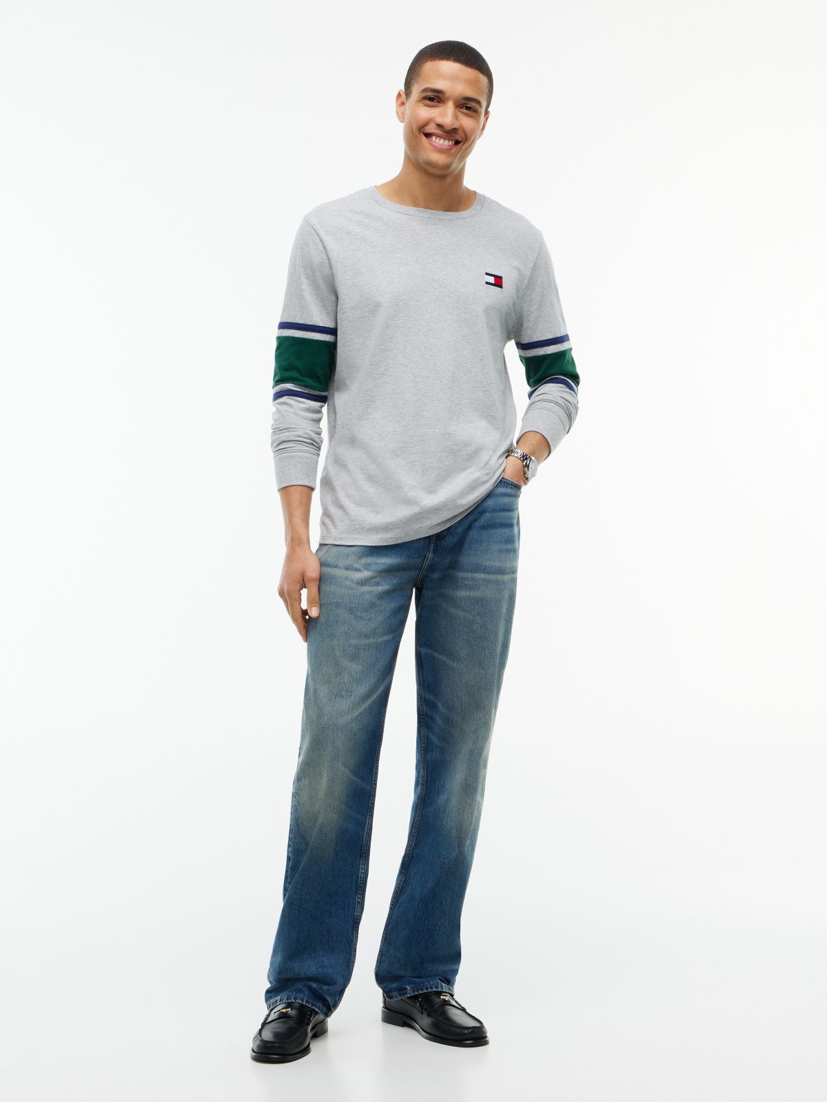 Long-Sleeve Varsity Block Stripe T-Shirt — Grey Heather