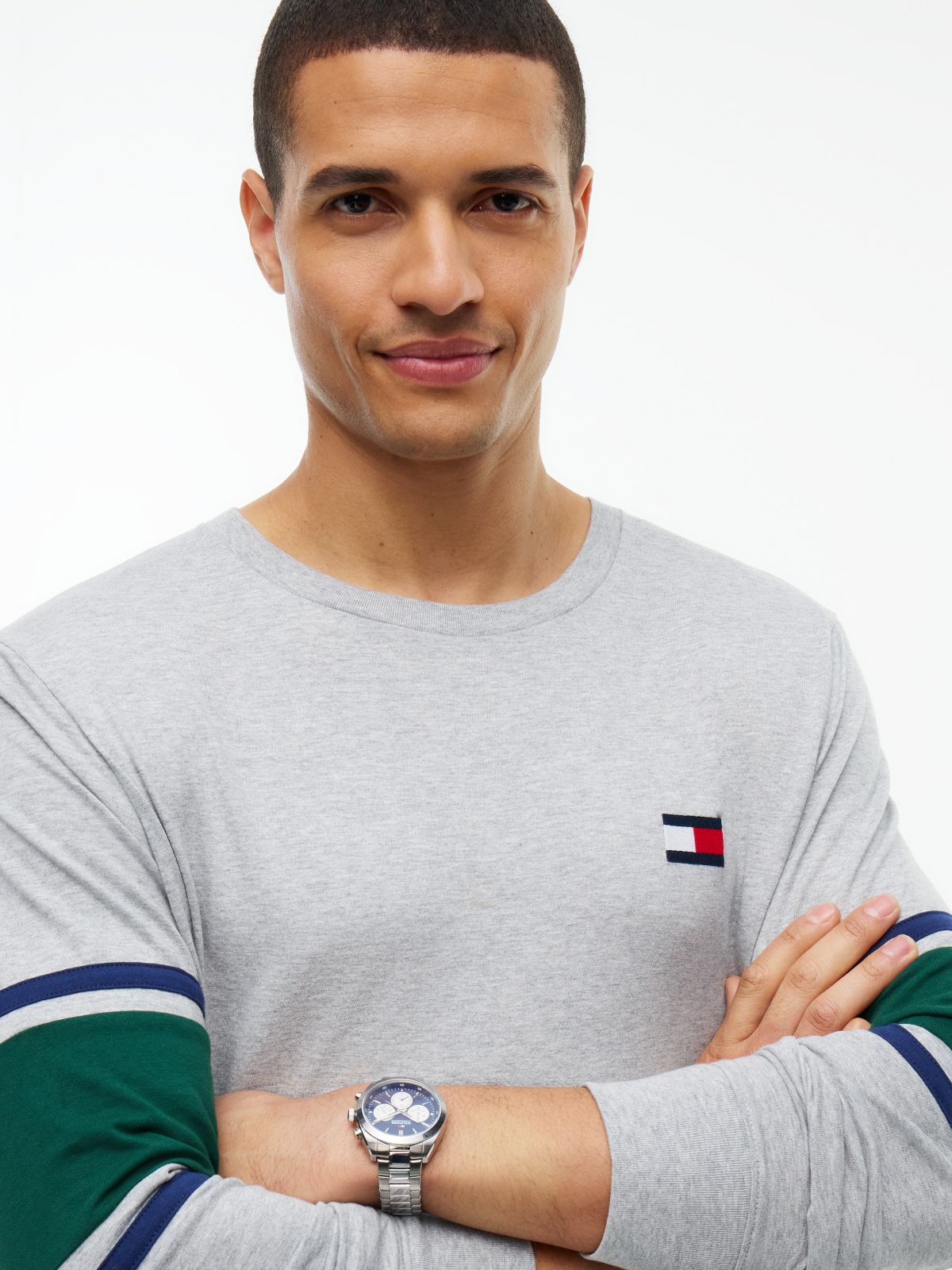 Long-Sleeve Varsity Block Stripe T-Shirt — Grey Heather