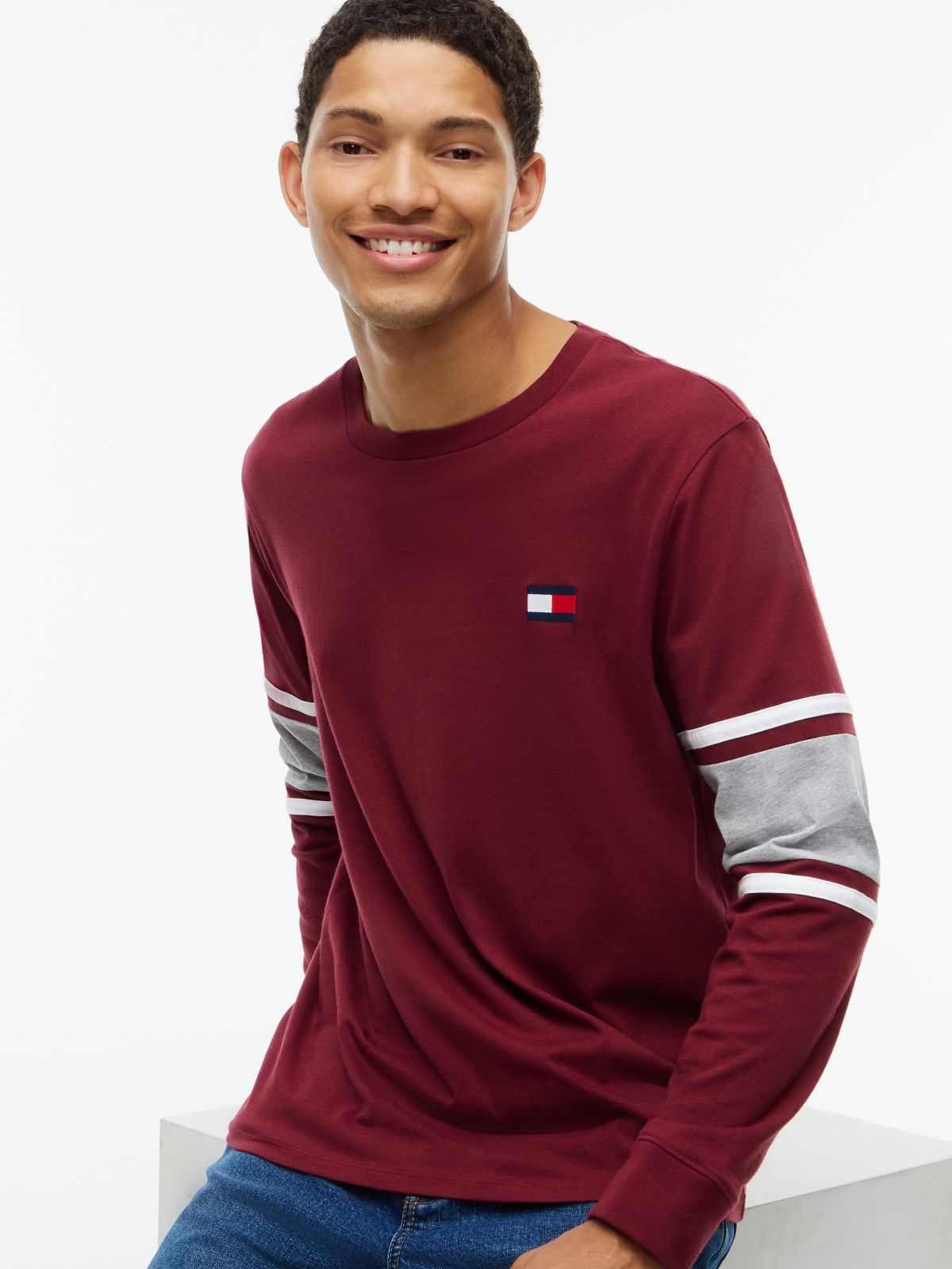 Long-Sleeve Varsity Block Stripe T-Shirt — Burgundy