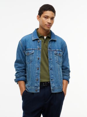 Relaxed Fit Flag Logo Denim Jacket, Med Wash