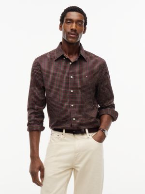 Tommy Hilfiger Men's Regular Fit Mini Check Shirt - Burgundy - L
