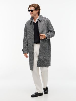 Wool-Blend Car Coat, Black Stripe