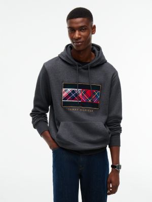 Mixed-Plaid Flag Brushed-Back Hoodie, Dark Grey Heather