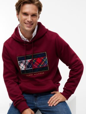 Мужское худи Tommy Hilfiger Mixed-Plaid Flag Brushed-Back, цвет: Бордовый — фото 3