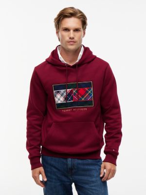 Mixed-Plaid Flag Brushed-Back Hoodie, Burgundy