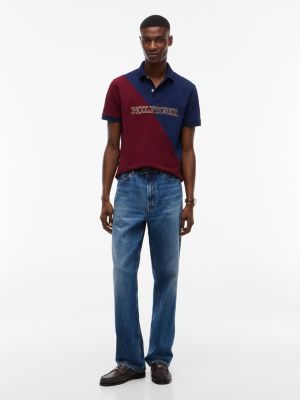 Мужское поло Tommy Hilfiger Regular Fit Diagonal Colorblock Polo, цвет: Красный / Карбоновый тёмно-синий — фото 2