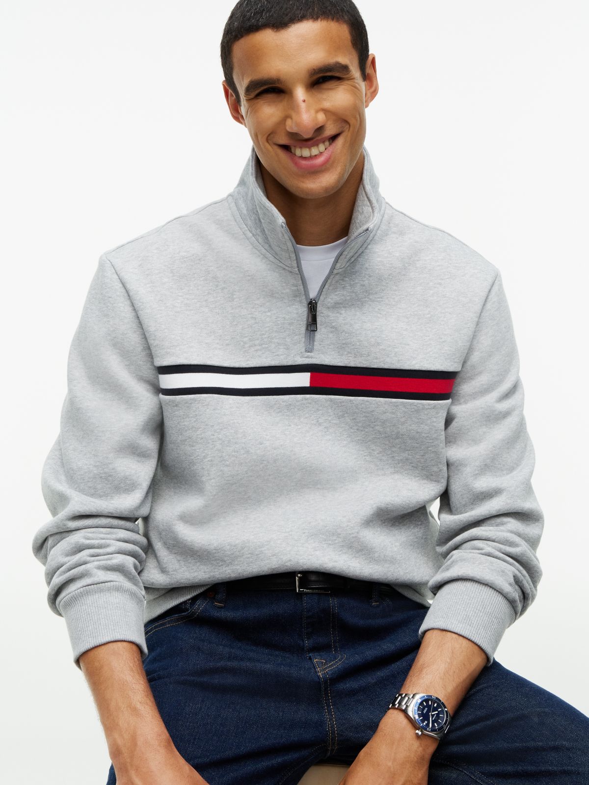 Flag Stripe Logo Quarter-Zip Sweatshirt — Grey Flag