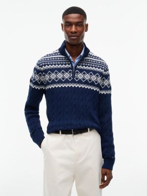 Fair Isle Cable Knit Quarter-Zip Sweater, Carbon Navy
