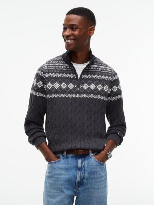 Fair Isle Cable Knit Quarter-Zip Sweater, Charcoal Heather