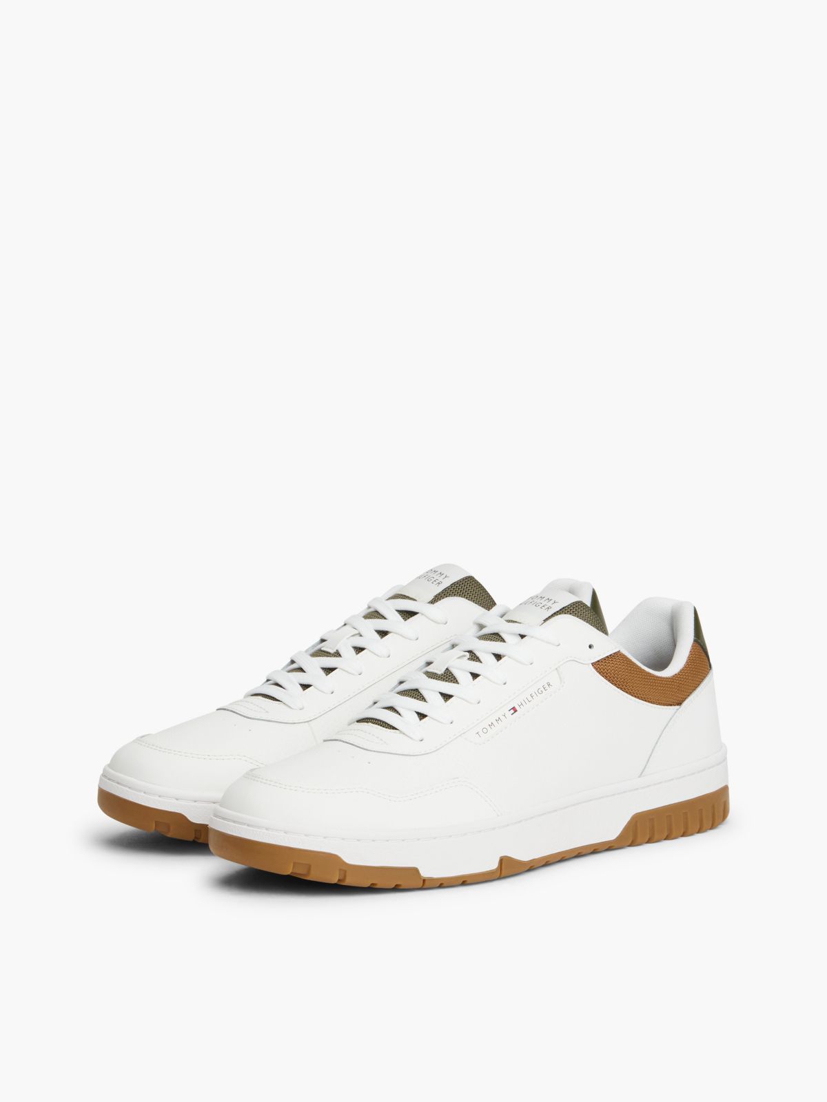 Leather Mix Court Sneaker — Ecru/Army Green