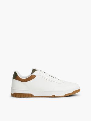 Leather Mix Court Sneaker, Ecru/Army Green