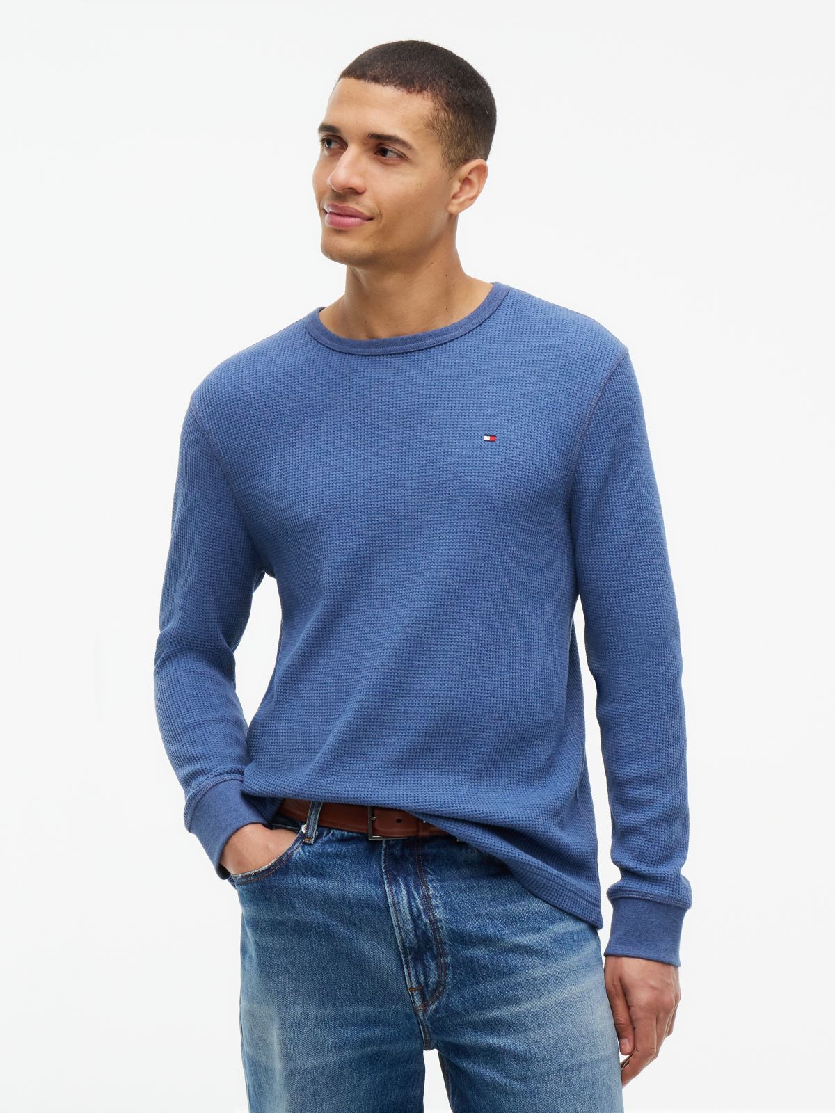 Long-Sleeve Waffle-Knit T-Shirt — Faded Indigo