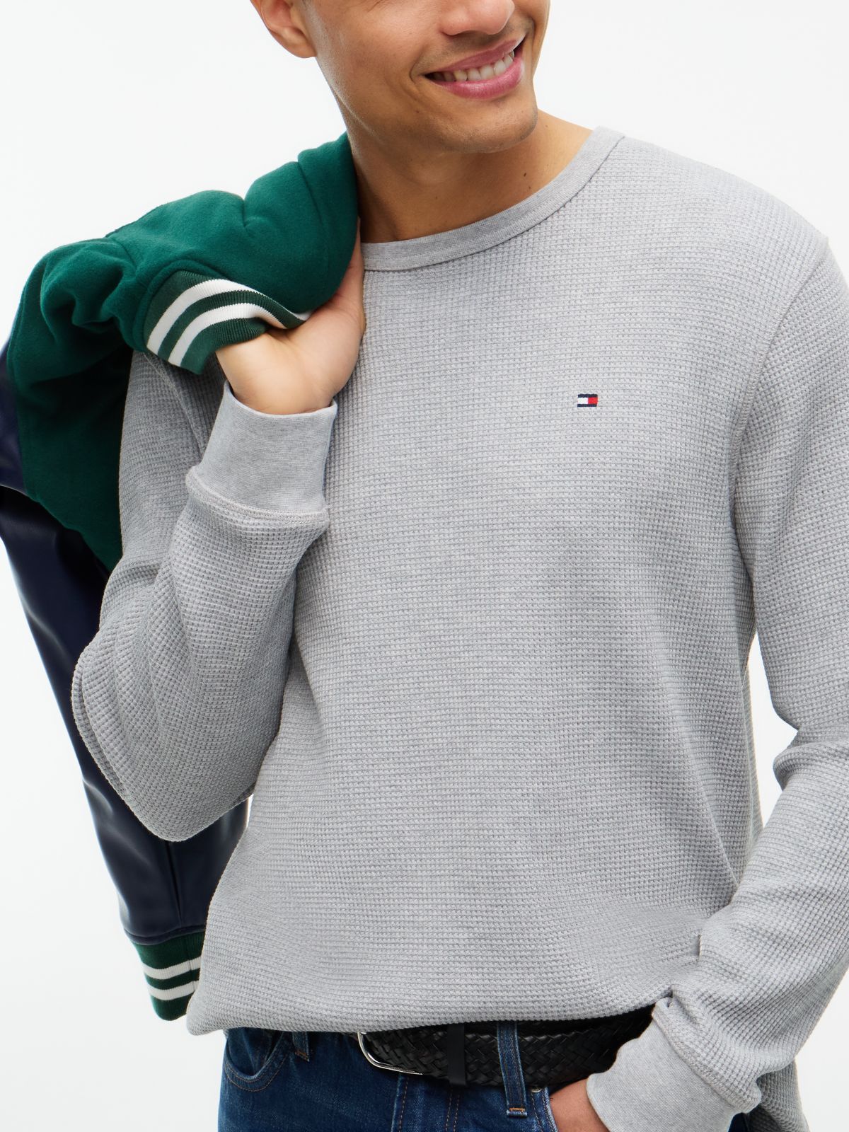 Long-Sleeve Waffle-Knit T-Shirt — Grey