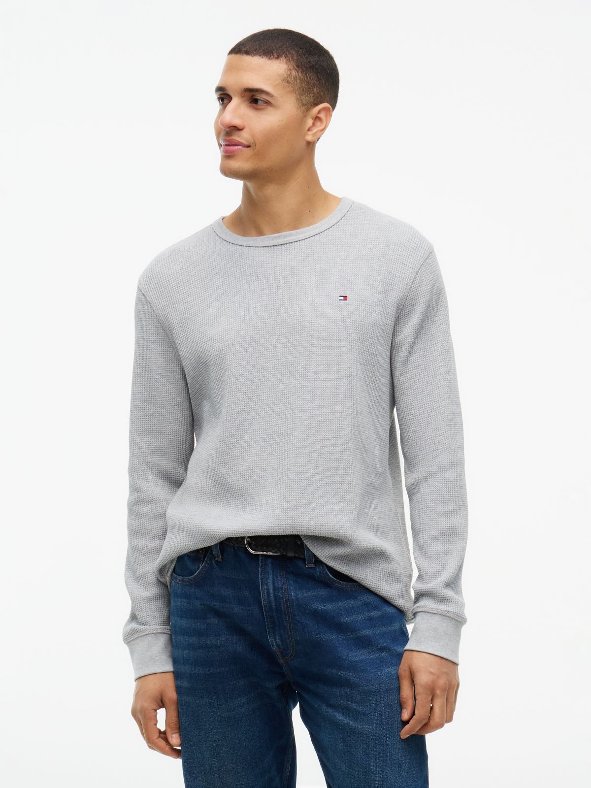 Long-Sleeve Waffle-Knit T-Shirt — Grey