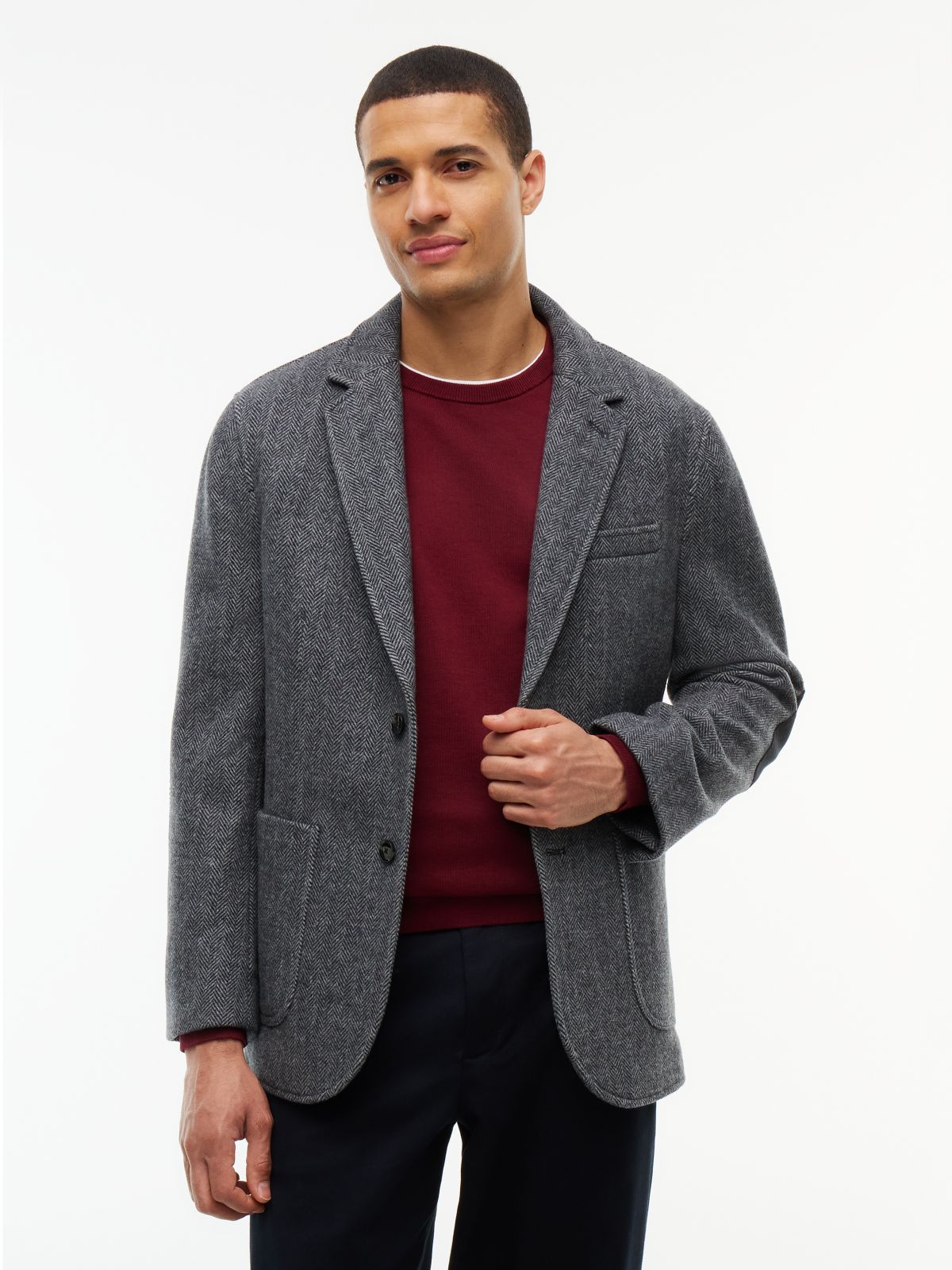 Wool-Blend Herringbone Blazer — Dark Ash