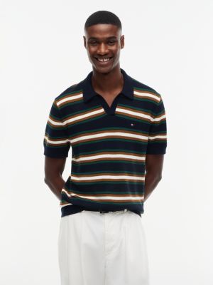 Мужские рубашки Tommy Hilfiger Striped Mini Cable Knit Sweater Polo, цвет: Тёмно-синий — фото 1