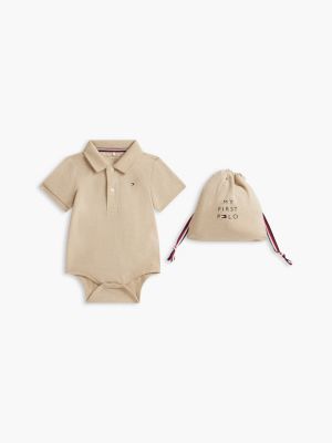 Babies' Polo Onesie and Gift Bag, Dark Beige