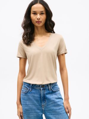 Relaxed Fit Drapey V-Neck T-Shirt, Beige