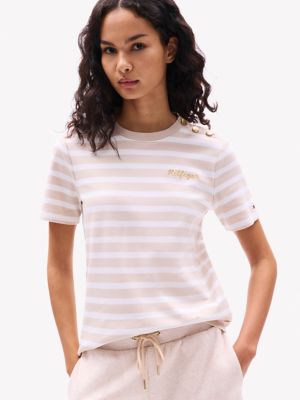 Gold Button Stripe Crewneck T-Shirt, Classic Beige Multi Stripe