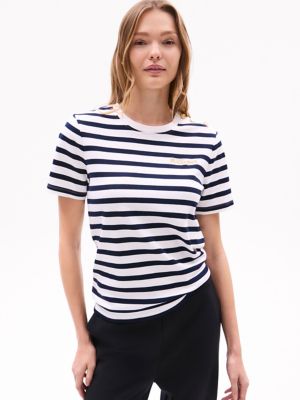 Gold Button Stripe Crewneck T-Shirt, Ecru Multi