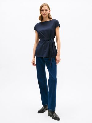 Stretch-Cotton Wrap Top, Navy