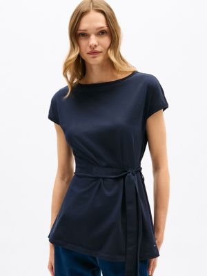 Stretch-Cotton Wrap Top, Navy