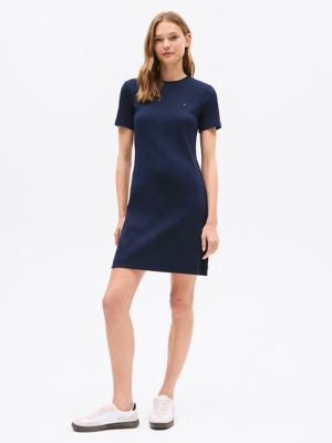 Slim Fit Solid Short-Sleeve Dress, Navy