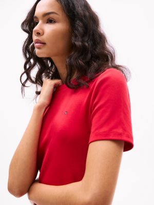 Slim Fit Solid Short-Sleeve Dress, Primary Red