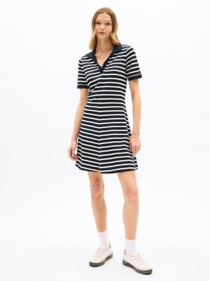 Open Placket Stripe Polo Dress, Navy Multi Stripe