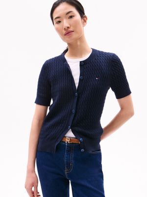 Short-Sleeve Cable Knit Cardigan, Navy