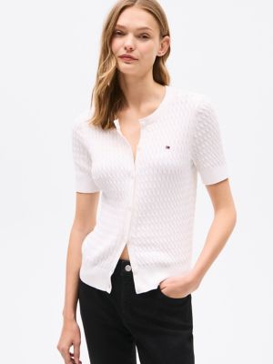 Short-Sleeve Cable Knit Cardigan, Ecru