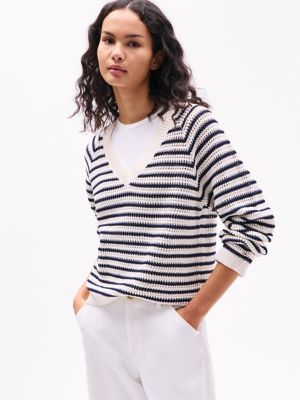 Stripe V-Neck Crochet Sweater, Calico Stripe