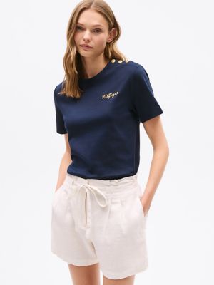 Gold Button Crewneck T-Shirt, Navy