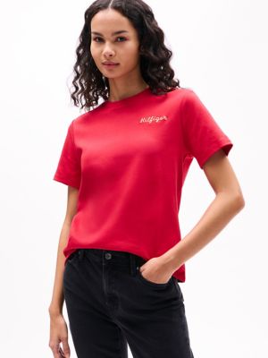 Gold Button Crewneck T-Shirt, Primary Red