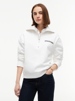 Flocked Monotype Quarter-Zip Sweatshirt, Ecru