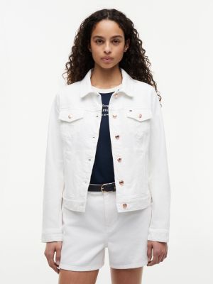 Slim Fit White Stretch-Denim Jacket, White