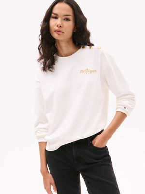 Gold Button Embroidered Logo Sweatshirt, Ecru