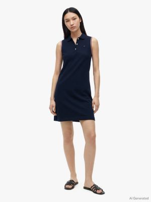 Sleeveless Stretch Pique Polo Dress, Navy Blue