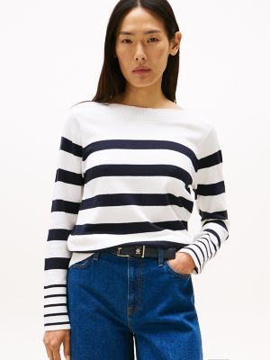 Stripe Boatneck Sweater, Ecru